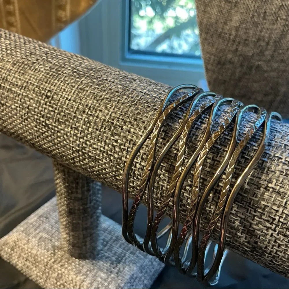 Silvertone Wide Wavy Bangle Bracelets